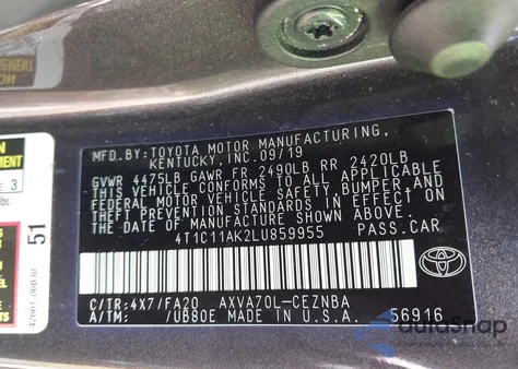 2020 Toyota Camry Le из США, поврежденный, VIN 4T1C11AK2LU859955